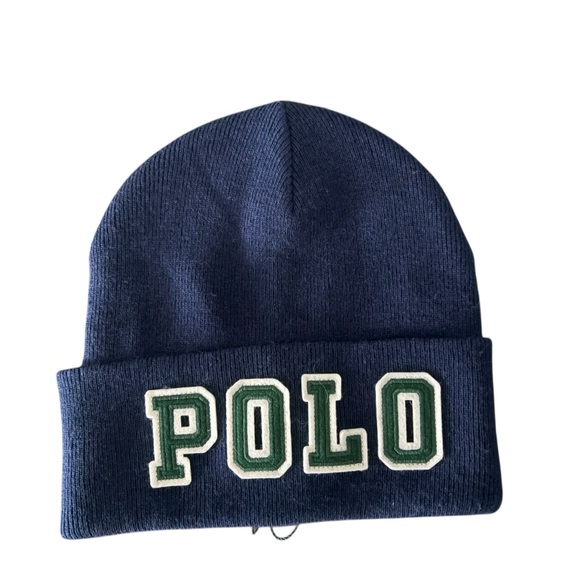 Polo Ralph Lauren Men’s Navy Blue Knit Beanie POLO Green Label W/White Trim OS